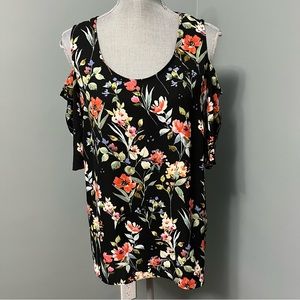 ROSE & OLIVE cold shoulder floral print lightweight blouse size lg forest fairy